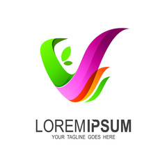 V letter logo with green leaves. Vector ecology elements for web, Vector abstract letter V logo template