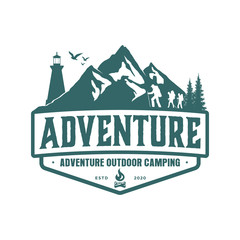 Outdoor mountain nature logo - adventure wildlife pine tree forest design with lighthouse