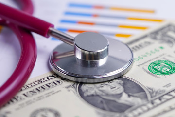 Stethoscope on US dollar banknotes, Finance, Account, Statistics, Analytic research data and...