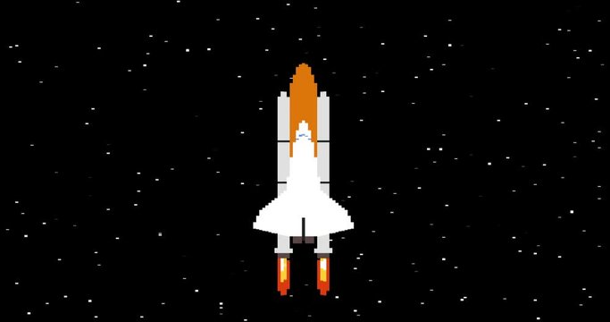 Shuttle in space pixel art looped animation. Spacecraft flying in dark starry galaxy retro video game footage. Sparkling stars on black background. Space exploration computer game video