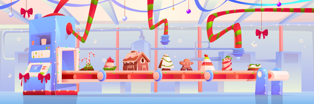 Conveyor with Christmas candy and sweets, gingerbread house, pudding, traditional xmas bakery, desserts, pastry and cakes moving on factory belt decorated with red bows. Cartoon vector illustration