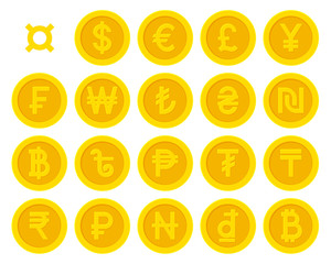 Golden yellow coins with currency symbols collection set. Vector illustration