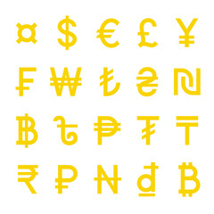 Yellow World Currency symbols collection set. Vector illustration