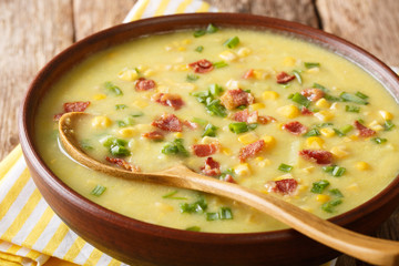 serving of corn chowder with potatoes, bacon and green onions close-up in a bowl. horizontal