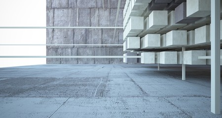 Abstract architectural concrete brown interior  from an array of beige cubes with large windows. 3D illustration and rendering.