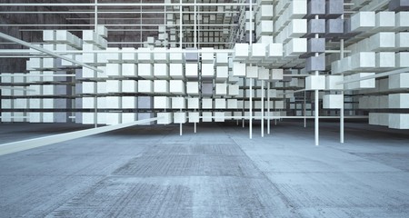 Abstract architectural concrete brown interior  from an array of beige cubes with large windows. 3D illustration and rendering.