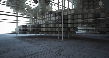 Abstract architectural concrete brown interior  from an array of beige cubes with large windows. 3D illustration and rendering.