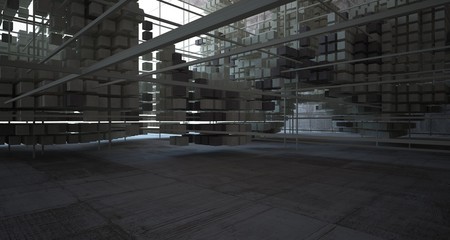 Abstract architectural concrete brown interior  from an array of beige cubes with large windows. 3D illustration and rendering.