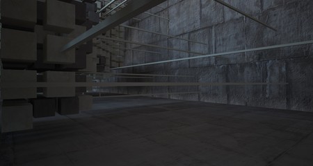 Abstract architectural concrete brown interior  from an array of beige cubes with large windows. 3D illustration and rendering.