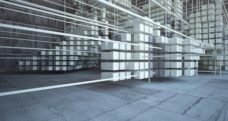 Abstract architectural concrete brown interior  from an array of beige cubes with large windows. 3D illustration and rendering.