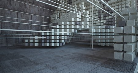 Abstract architectural concrete brown interior  from an array of beige cubes with large windows. 3D illustration and rendering.