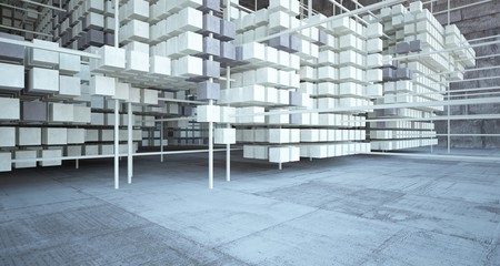 Abstract architectural concrete brown interior  from an array of beige cubes with large windows. 3D illustration and rendering.