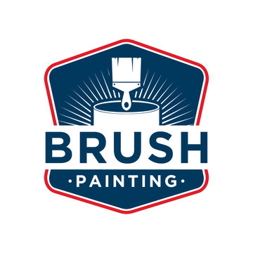 The Brush Painting Painter Service Work House Real Estate Blue Red Logo Simple Minimalist Design
