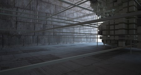Abstract architectural concrete brown interior  from an array of beige cubes with large windows. 3D illustration and rendering.