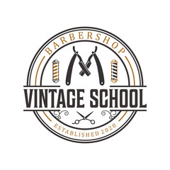 Barbershop logo with a complex design of elegant vintage details with professional scissors and razor elements, for your business and professional barbershop label with quality services.