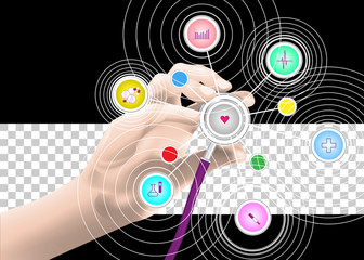 Medical technology network concept. Modern methods of diagnostics of the heart. Cardiologist Medicine doctor holding stethoscope in hand on heartbeat, Cardiology, Medical healthcare,vector background.