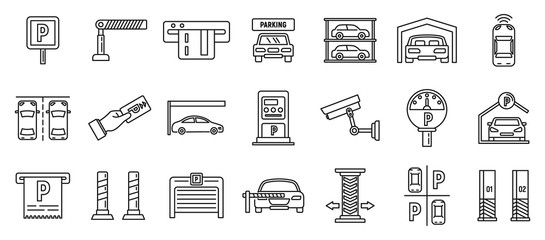 Underground parking garage icons set. Outline set of underground parking garage vector icons for web design isolated on white background