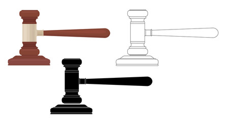 Set of judges hammers. Flat, silhouette and contour illustration. Hammer for bidding. The verdict of the judge. Court and justice. Vector element for article, icon, logo, infographic and your design