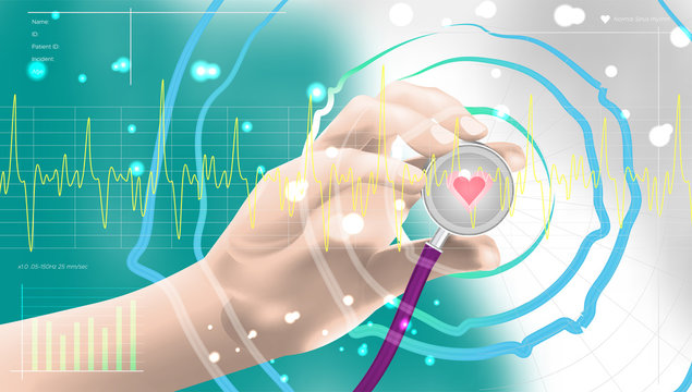 Medical technology network concept. Modern methods of diagnostics of the heart. Cardiologist Medicine doctor holding stethoscope in hand on heartbeat, Cardiology, Medical healthcare,vector background.