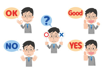 人物　男性　眼鏡　OK　NO　ハンドサイン　