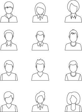 Avatars, users vector icons and profile pictures for website, application, ui, icon set in flat line style.People, linear design. Collection of different icons.