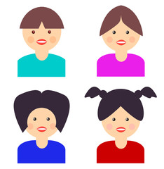 Girls with different   hair  style cartoon , Four girls faces  cartoons  in one page. Illustration,  sticker for kids.