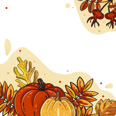 Autumn leaves and pumpkins for postcard, banner, poster. Seasonal rowan and oak leaves with gourds for thanksgiving day, harvest decoration, halloween. Fall season elements. Vector design. Autumn mood