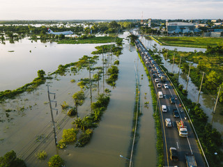 High-angle view of the Great Flood, Meng District, Ubon Ratchathani Province, Thailand, on September 10, 2019, is a photograph from real flooding. With a slight color adjustment