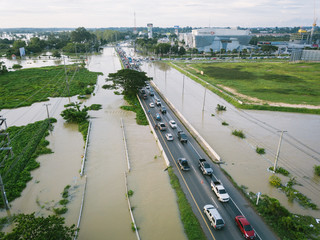 High-angle view of the Great Flood, Meng District, Ubon Ratchathani Province, Thailand, on September 10, 2019, is a photograph from real flooding. With a slight color adjustment