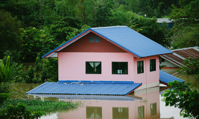 High-angle view of the Great Flood, Meng District, Ubon Ratchathani Province, Thailand, on September 10, 2019, is a photograph from real flooding. With a slight color adjustment