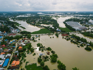 High-angle view of the Great Flood, Meng District, Ubon Ratchathani Province, Thailand, on September 10, 2019, is a photograph from real flooding. With a slight color adjustment