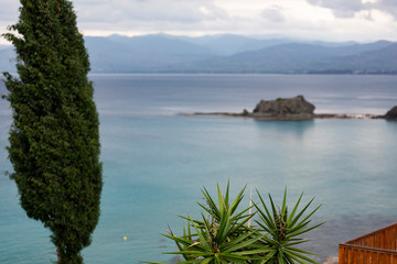 Fototapeta na wymiar Beautiful view of Chrysochou Bay with green plants in the foreground, Cyprus.