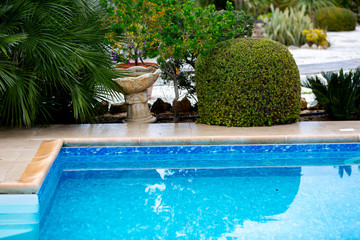 Part of italian-style pool with garden plants by the sea, Cyprus.