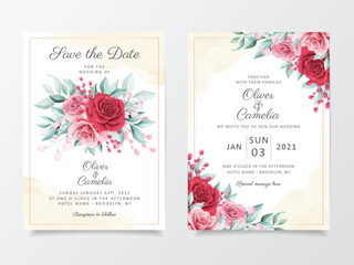 Watercolor flowers wedding invitation card template set with red and peach roses. Floral illustration background of peach roses and leaves for invites, greeting, save the date vector