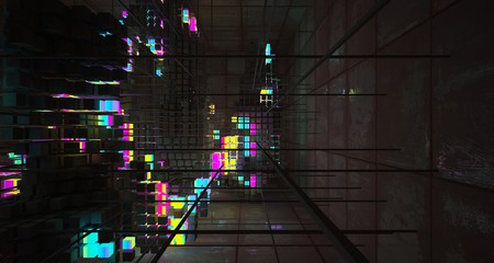 Abstract architectural rusted metal interior from an array of concrete cubes with color gradient neon lighting. 3D illustration and rendering.