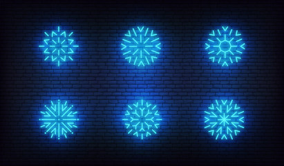 Snowflake icons neon. Vector glowing neon blue snow icons