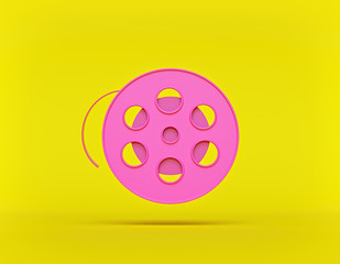 pink colored old film reel with shadow isolated on yellow background. Trendy fashion style. Minimal concept. 3d rendering