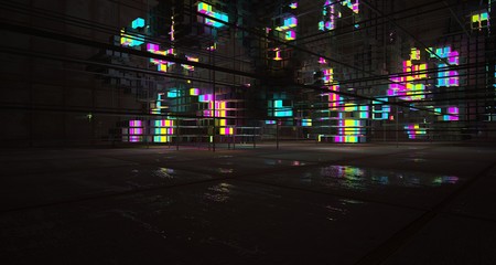 Abstract architectural rusted metal interior from an array of concrete cubes with color gradient neon lighting. 3D illustration and rendering.