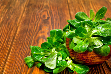 Fresh juicy green corn salad in wooden bowl on old wooden background. Text space.