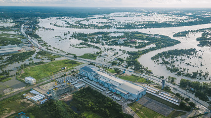 High-angle view of the Great Flood, Meng District, Ubon Ratchathani Province, Thailand, on September 10, 2019, is a photograph from real flooding. With a slight color adjustment