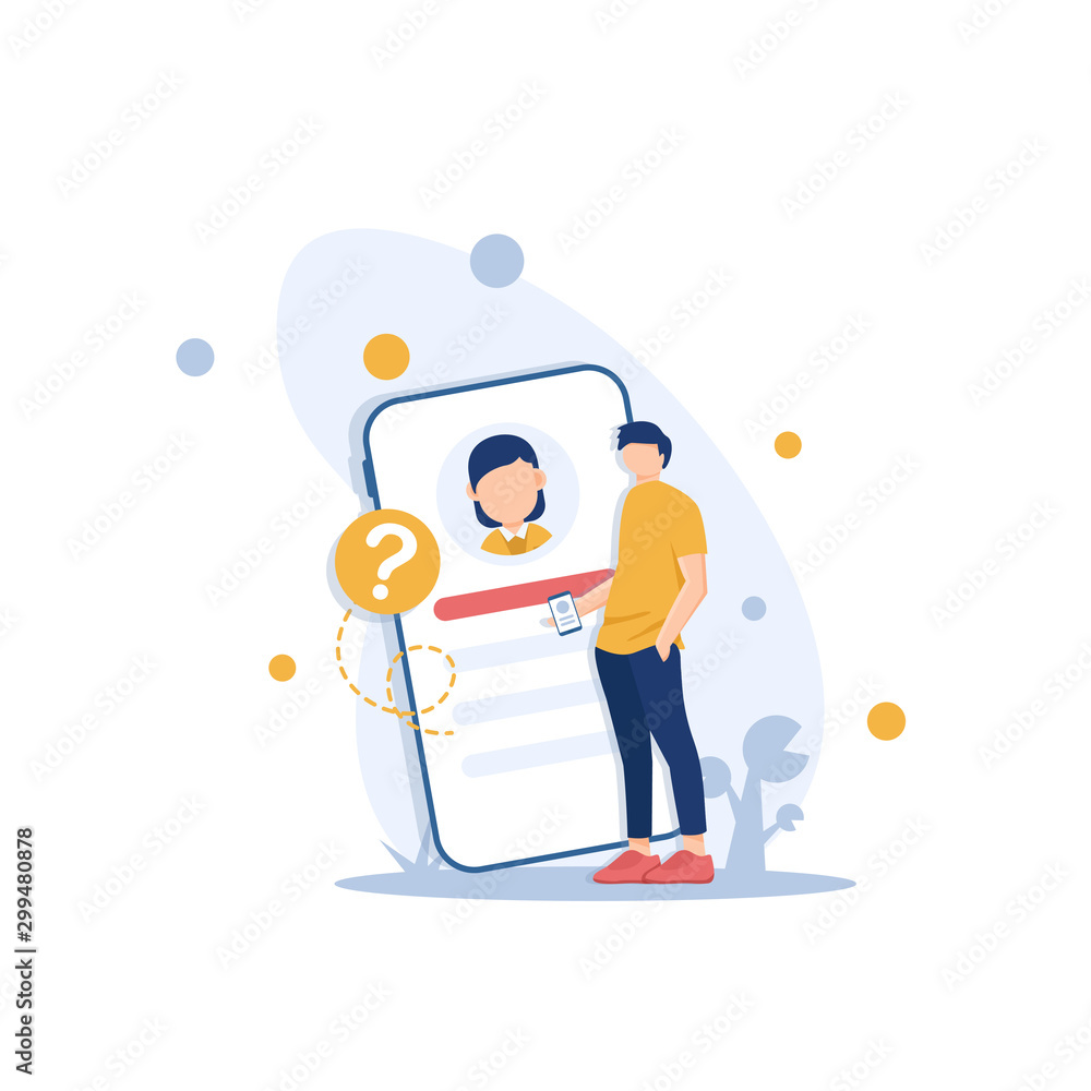 Poster flat design the smartphone with incoming call on screen, vector design element,the little person sta