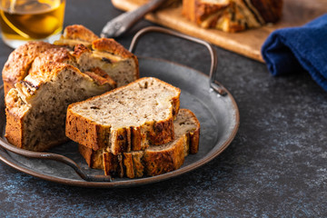Sliced Banana Bread. Delicious banana bread with chia seeds. Copy space.