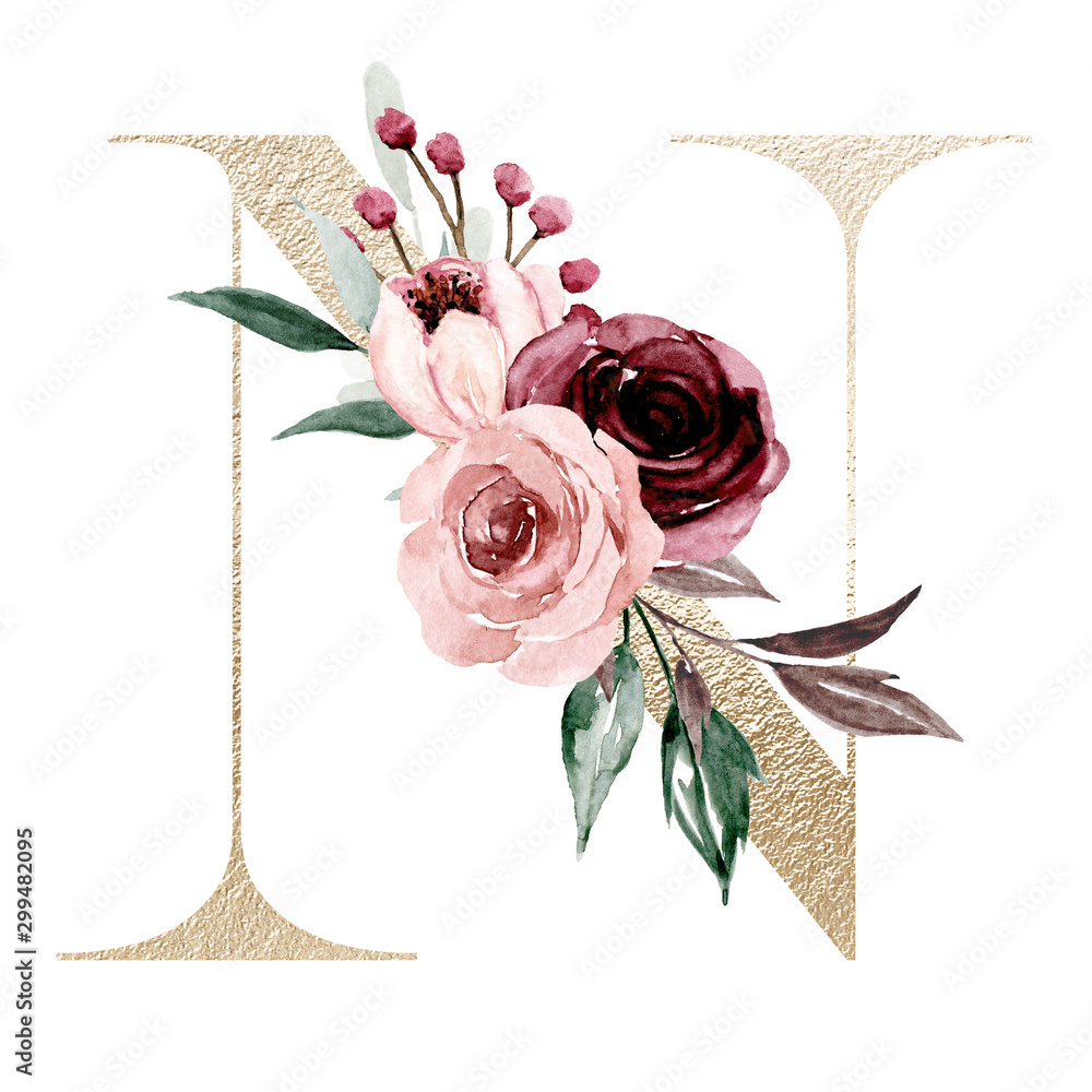 Canvas Prints floral alphabet, letter n with watercolor flowers and leaf. gold monogram initials perfectly for wed - Canvas Prints