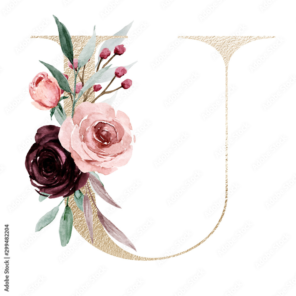 Canvas Prints floral alphabet, letter u with watercolor flowers and leaf. gold monogram initials perfectly for wed - Canvas Prints