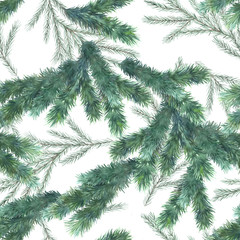 Watercolor pattern with green christmas tree branches. Winter nature seamless print. Hand drawn illustration on white background