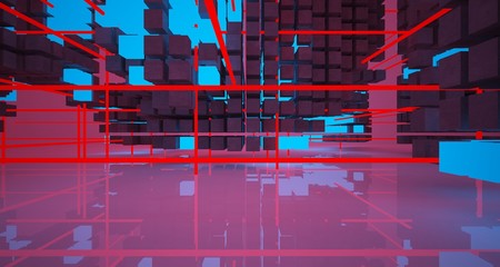 Abstract architectural white interior from an array of concrete cubes with color gradient neon lighting. 3D illustration and rendering.