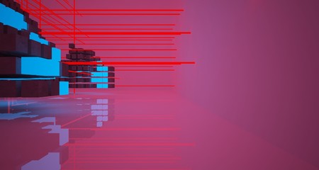 Abstract architectural white interior from an array of concrete cubes with color gradient neon lighting. 3D illustration and rendering.