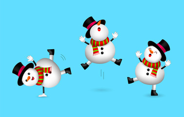 Collection of cute cartoon snowman with scarf. Merry Christmas and Happy New Year. Illustration isolated on white background.