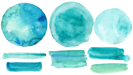 blue abstract watercolor splashes set, paint splashes on an isolated white background, hand drawn - obrazy, fototapety, plakaty