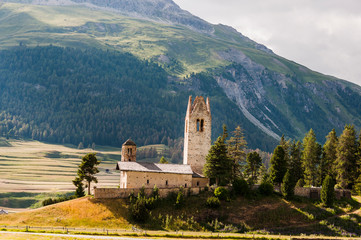Celerina, San Gian,  Kirche, St. Moritz, Oberengadin, Engadin, Wanderweg, Landwirtschaft, Alpen, Graubünden, Sommer, Schweiz